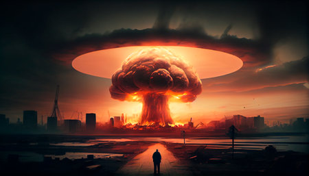 Huge nuclear bomb explosion, end of the world, doomsday in a post apocalyptic world. Generative Ai technologyの素材