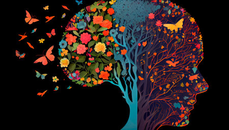 Human brain tree with flowers and butterflies, self care and mental health concept, positive thinking, creative mind. Generative Ai technologyの素材