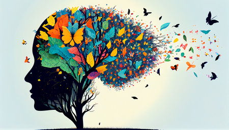 Human brain tree with flowers and butterflies, self care and mental health concept, positive thinking, creative mind. Generative Ai technologyの素材