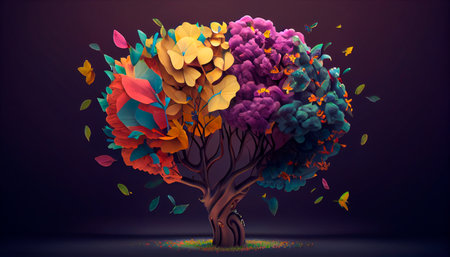 Human brain tree with flowers, self care and mental health concept. Generative AIの素材