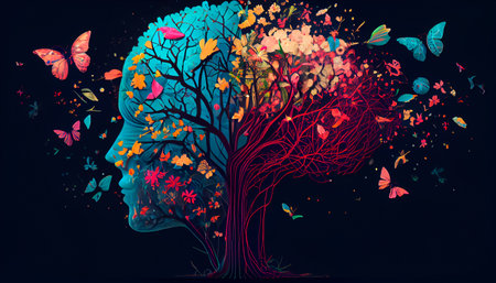 Human brain tree with flowers and butterflies, self care and mental health concept, positive thinking, creative mind. Generative Ai technologyの素材
