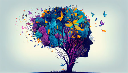 Human brain tree with flowers, self care and mental health concept. Generative AIの素材