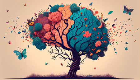 Human brain tree with flowers and butterflies, self care and mental health concept, positive thinking, creative mind. Generative AI illustrationの素材