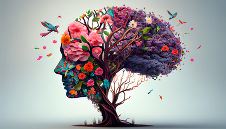 Human brain tree with flowers and butterflies, self care and mental health concept, positive thinking, creative mind. Generative AI illustrationの素材
