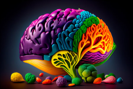 Human brain made from fruits and vegetables. The concept of nutritious foods for brain health and memory. Generative AIの素材