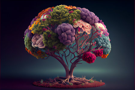 Human brain tree with flowers, self care and mental health concept, generative AIの素材