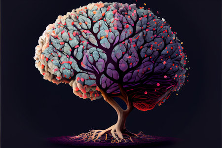 Human brain tree with flowers, self care and mental health concept, generative AIの素材