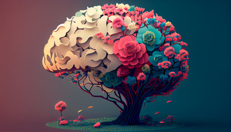 Human brain tree with flowers, self care and mental health concept, generative AIの素材