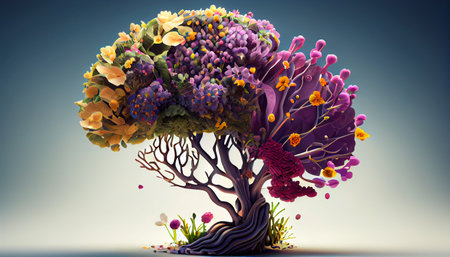 Human brain tree with flowers, self care and mental health concept, generative AIの素材