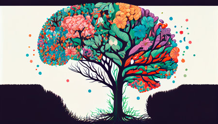 Human brain tree with flowers, self care and mental health concept, generative AIの素材