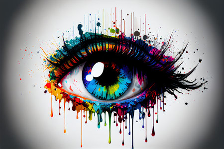 Human eye close up with colorful paint , ink splashes and drips. Generative AIの素材