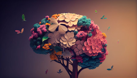 Human brain tree with flowers and butterflies, self care and mental health concept, positive thinking, creative mind. Generative Ai technologyの素材