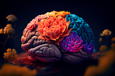 Human brain with colors, self care and mental health concept, positive thinking, creative mind, generative aiの素材