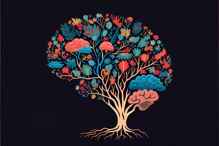 Human brain tree with flowers, self care and mental health concept, generative AIの素材