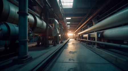 Industry pipeline transport petrochemical, gas and oil processing, furnace factory line, rack of heat chemical manufacturing, equipment steel pipes. Generative AI illustrationの素材