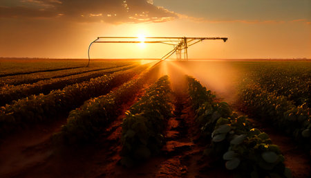 Irrigation system on agricultural soybean field, rain gun sprinkler on helps to grow plants in the dry season, increases crop yields. Landscape beautiful sunset. Generative AI technologyの素材