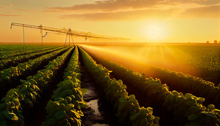 Irrigation system on agricultural soybean field, rain gun sprinkler on helps to grow plants in the dry season, increases crop yields. Landscape beautiful sunset. Generative AI technologyの素材
