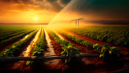 Irrigation system on agricultural soybean field, rain gun sprinkler on helps to grow plants in the dry season, increases crop yields. Landscape beautiful sunset. Generative AI technologyの素材