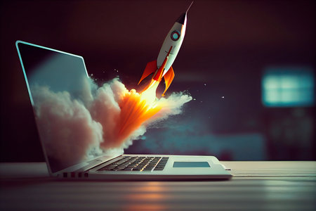 Laptop with a rocket taking off. Concept of earning money online, working in digital business, entrepreneurship, cryptocurrency, investment, digital marketing . Generative AIの素材