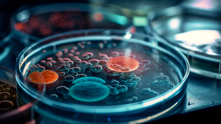 Macro close up shot of bacteria and virus cells in a scientific laboratory petri dish. Generative AI illustratorの素材