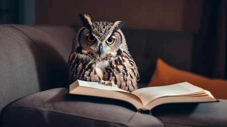 Owl reading book on sofa, learning and knowledge concept. Generative AI illustrationの素材