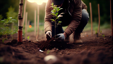 Person planting trees or working in community garden promoting local food production and habitat restoration, concept of Sustainability and Community Engagement. AI generativeの素材
