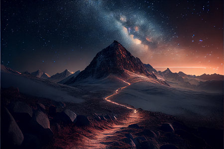 The road leading to the top of the mountain under the starry sky. Generative AIの素材
