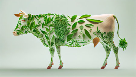 Plant-based meat created cow made of plants on white background made. Generative AIの素材