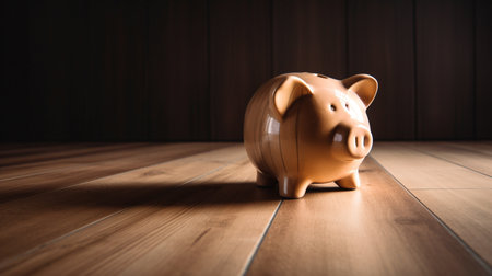 Piggy bank on a wooden surface, money saving, inflation. Generative AI illustrationの素材