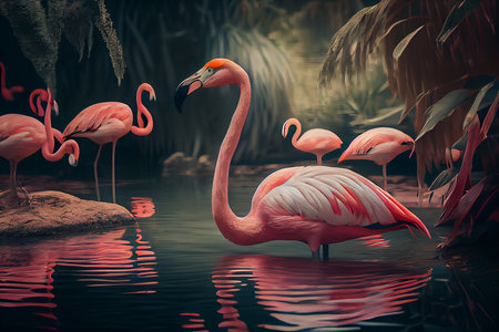 Pink flamingos pond. Generative aiの素材