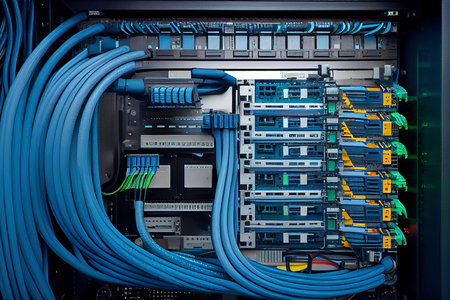 platform for hosting contemporary Internet contents. Rack housing server data storage hardware. The equipment in the data center is connected by a lot of network cables. Generative AIの素材