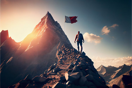Reaching your goals concept, mountain climber following path to flag on top of mountain. GÑnerative AIの素材