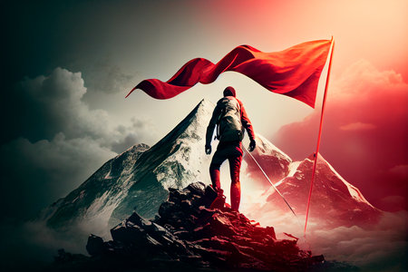 Reaching your goals concept, mountain climber following path to flag on top of mountain. GÑnerative AIの素材