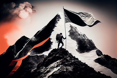 Reaching your goals concept, mountain climber following path to flag on top of mountain. GÑnerative AIの素材
