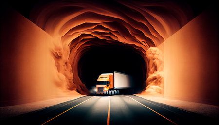 Semi Truck at Speed in Tunnel. Generative AIの素材