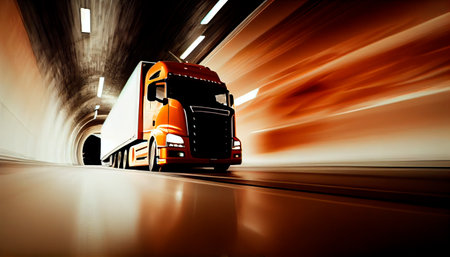 Semi Truck at Speed in Tunnel. Generative AIの素材
