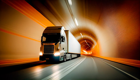 Semi Truck at Speed in Tunnel. Generative AIの素材
