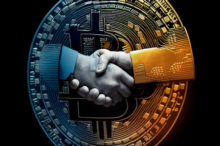 Shaking hands at the conclusion of a business deal. Cryptocurrency, blockchain, bitcoin, mining, financial transactions, high resolution, art. Generative AI technologyの素材