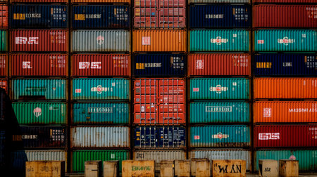 Shipping containers side by side and stacked with fictitious symbols fictitious language of a fictitious alphabet. Generative AI illustrationの素材