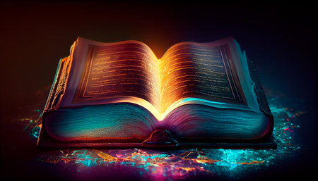 Shining Holy Bible - Ancient Book banner, illuminated message. Generative AIの素材