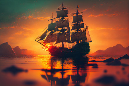 Small lonely sailing ship against the backdrop of sunset, watercolor. Generative AIの素材