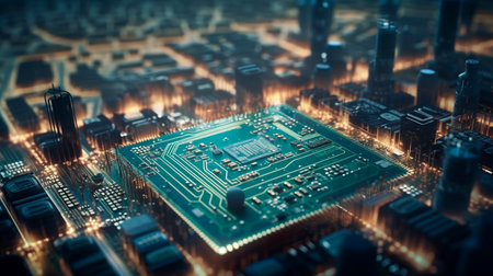 Smart city on circuit board background. Futuristic cyberspace concept. Generative AI illustratorの素材