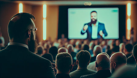 Speaker giving a talk in conference hall at business event. Enthusiastic Audience Celebrating Business Success from the Rear. Business Minds Gathered at the Conference. Generative aiの素材