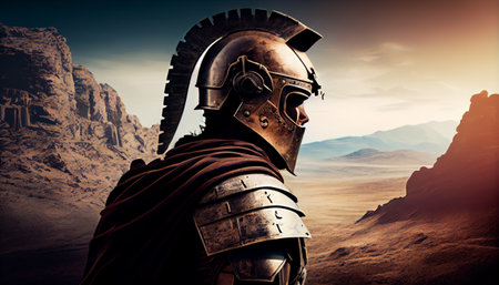 Spartan soldier illustration with helmet and battlefield in background. Generative AI technologyの素材