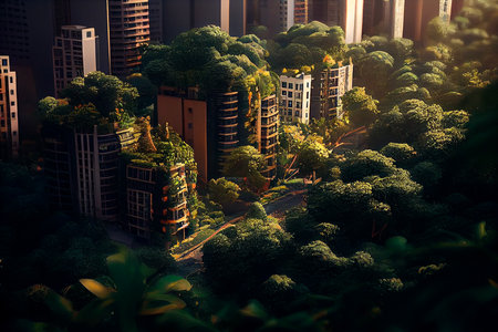 Splendid city covered with green trees and plant. Digital art . Generative AI.の素材