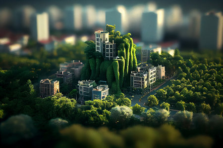 Splendid city covered with green trees and plant. Digital art . Generative AI.の素材