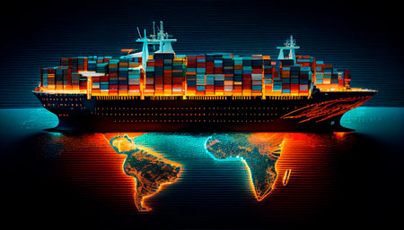 A loaded container cargo ship is seen in the front as it speeds over the ocean Generative AIの素材