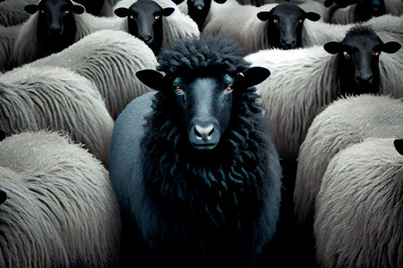 A herd of black sheep with a white one in the middle, generative AIの素材