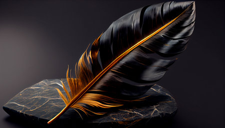 Ultra realistic black marble feather with gold textures and dynamic lighting. Generative Ai technologyの素材