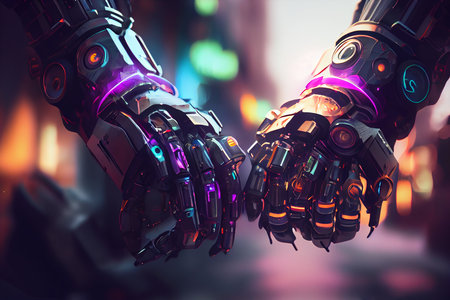 Two robotic hands touching, generative AIの素材